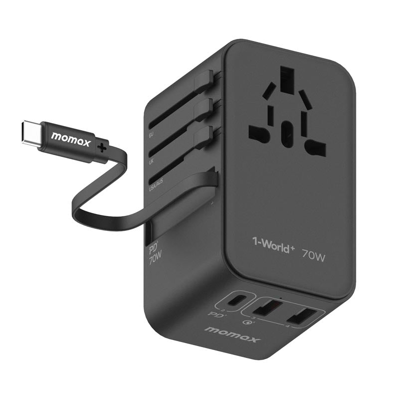 Momax UA18D 1-World 70W GaN 3-Port + AC Travel Adapter With Built