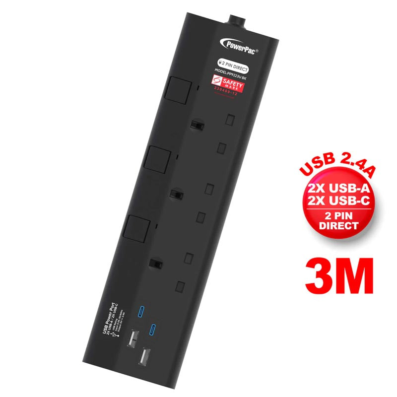 PowerPac PP9223UBK 3Way 3M 2A+2C Extension Cord (Black
