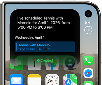 iPhone Duo, folded, outer display shows Siri AI notification indicating a calendar update