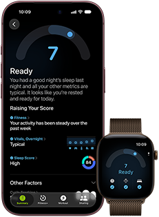 iPhone 18 Pro, black, front exterior, displaying the results of the Readiness status (score of 7), paired with Apple Watch, front facing, brown, displaying the same Readiness score of 7