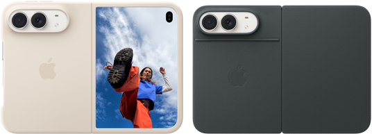 iPhone Duo, Star White colour in Sand Silicone Case, landscape orientation, fully opened horizontally, Dual Fusion cameras on the top left, case covers the back exterior and outer edge of the front display, right side features portrait of person on outer display. iPhone iPhone Duo, Star White colour in Navy Blue Folio, back exterior featuring the 48MP Dual Fusion rear cameras, two lenses
