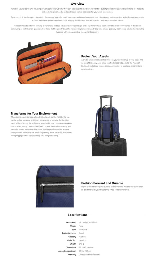Targus TBB59902GL-70 15inch Newport Backpack (Navy)