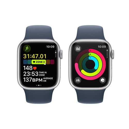 Apple Watch Series 9 GPS + Cellular 41mm Silver Aluminium Case with Storm Blue Sport Band - S/M