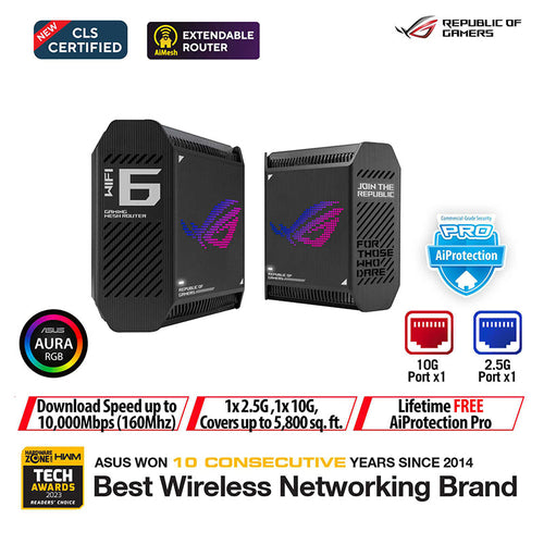 Asus ROG Rapture GT6 AX10000 Tri-Band Wi-Fi 6 Game-Ready Mesh - Black (2-Pack)