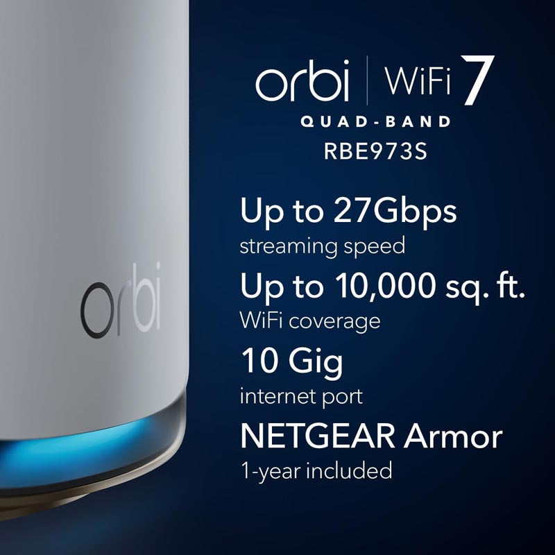 Netgear Orbi 970 Quad-Band WiFi 7 Mesh System - BE27000 27Gbps - 3-Pack - White (RBE973S)
