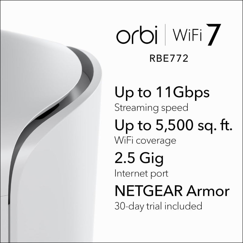 Netgear Orbi 770 Tri-Band 2.5G Wi-Fi 7 Mesh System - BE11000 11Gbps - 2-Pack (RBE772)