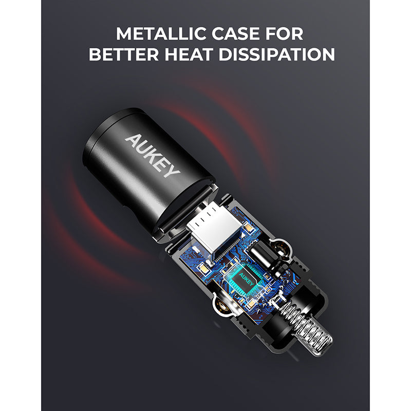 Aukey CC-A3 30W PD Metal Dual Port Fast Car Charger - Black