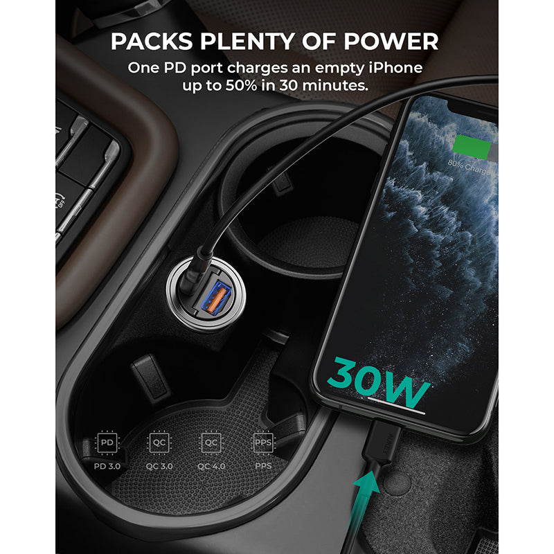 Aukey CC-A3 30W PD Metal Dual Port Fast Car Charger - Black