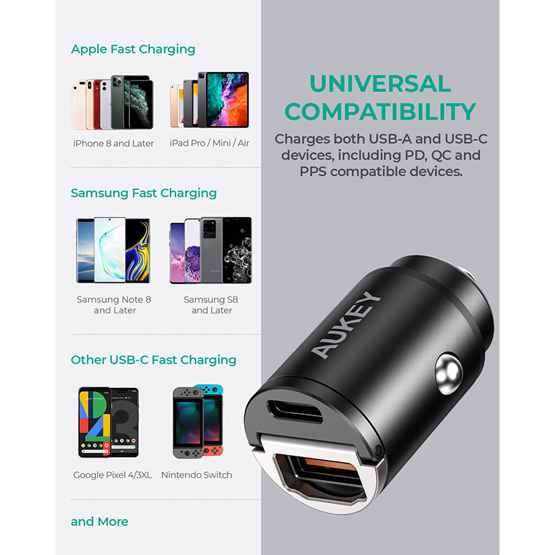 Aukey CC-A3 30W PD Metal Dual Port Fast Car Charger - Black