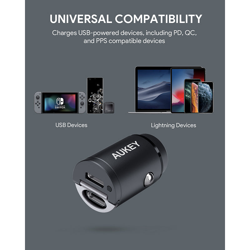 Aukey CC-A4 Dual Port USB-C 30W PD Car Charger - Black