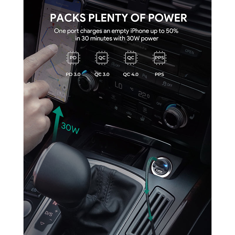 Aukey CC-A4 Dual Port USB-C 30W PD Car Charger - Black