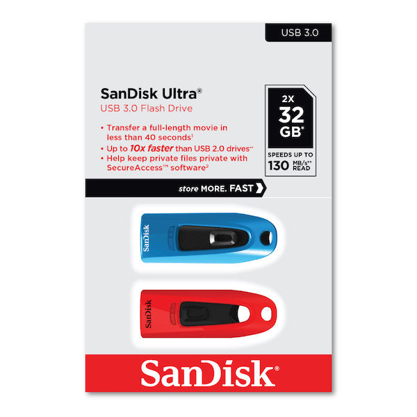 SanDisk Ultra Flash Drive 32GB Twin Pack (Blue & Red) USB 3.0