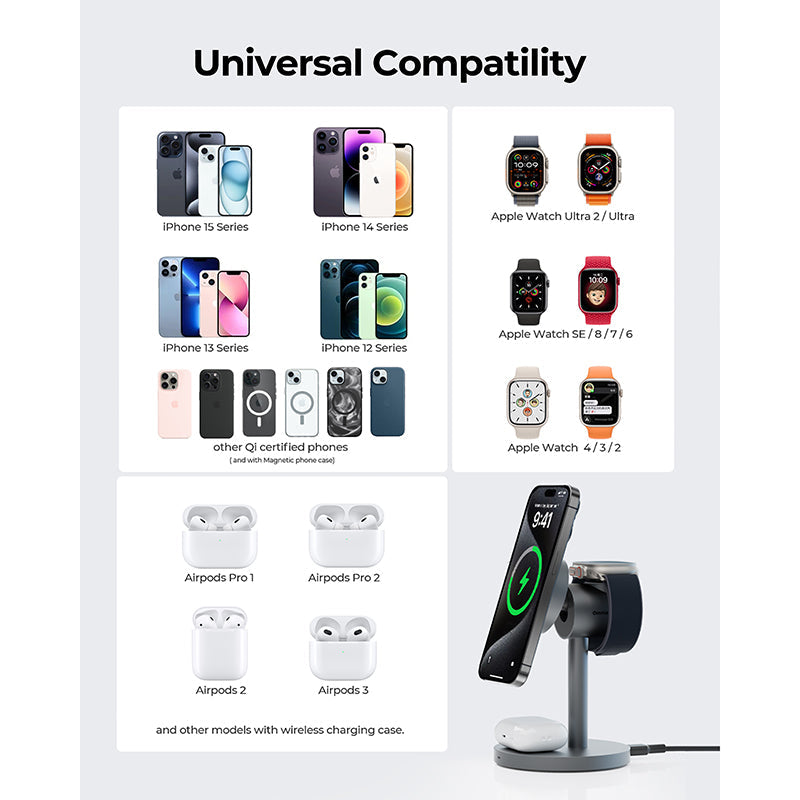 Aukey LC-MC311 MagFusion 3-in-1 Qi2 Magnetic Fast Wireless Charging Station