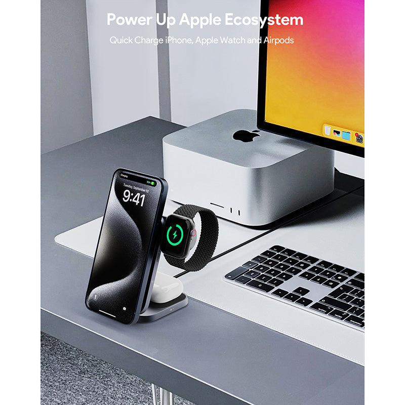 AUKEY LC-MC312 MagFusion Z 3-in-1 Foldable Qi2 Magnetic Fast Wireless Charging Station - Gray