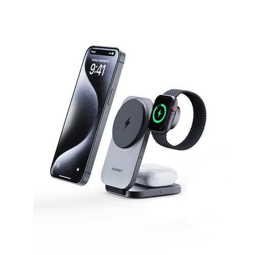 AUKEY LC-MC312 MagFusion Z 3-in-1 Foldable Qi2 Magnetic Fast Wireless Charging Station - Gray