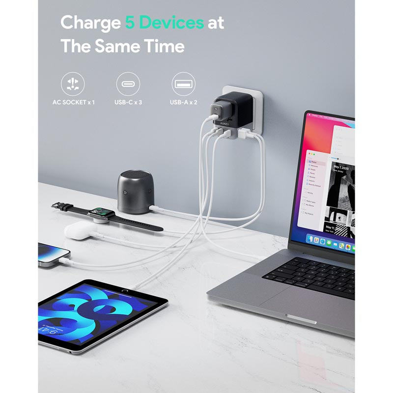 Aukey PA-TA07A 35W GaN Universal Adapter With USB-C and USB-A Ports (Grey)