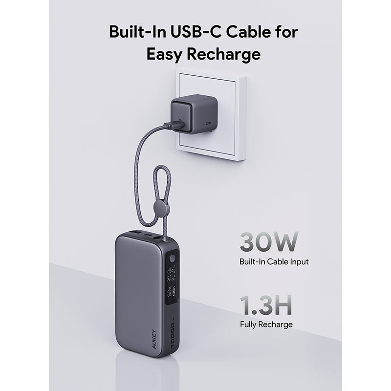 Aukey PB-Y47 Spark Sling 10000mAh Compact Fast Charging PB with Built-in USB-C Cable - Dark Gray