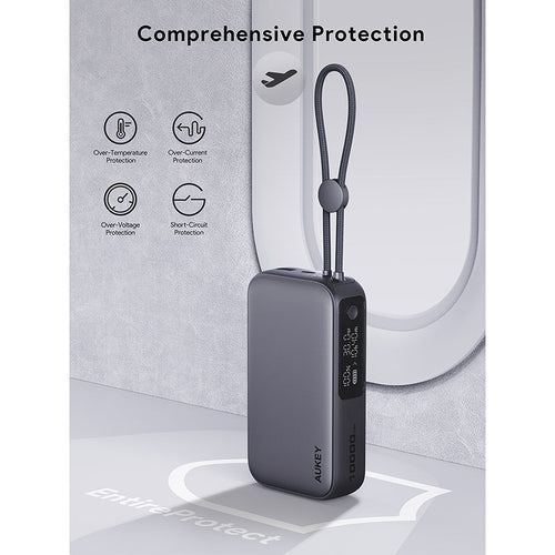 Aukey PB-Y47 Spark Sling 10000mAh Compact Fast Charging PB with Built-in USB-C Cable - Dark Gray
