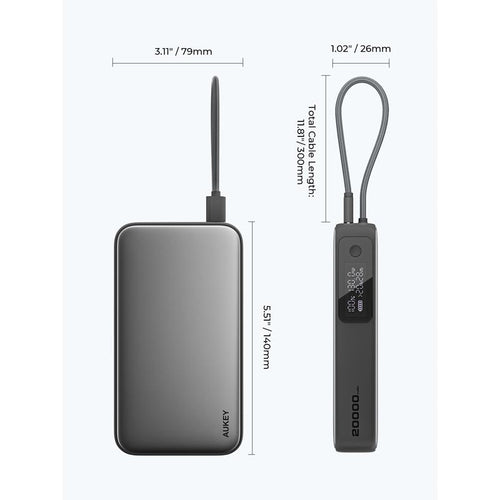 Aukey PB-Y48 Spark Sling 20,000mAh Compact Fast Charging Power Bank with Built-in USB-C Cable (Grey)