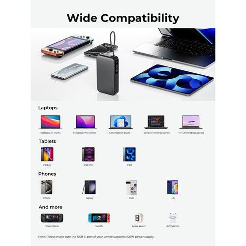 Aukey PB-Y48 Spark Sling 20,000mAh Compact Fast Charging Power Bank with Built-in USB-C Cable (Grey)