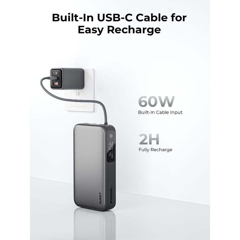 Aukey PB-Y48 Spark Sling 20,000mAh Compact Fast Charging Power Bank with Built-in USB-C Cable (Grey)