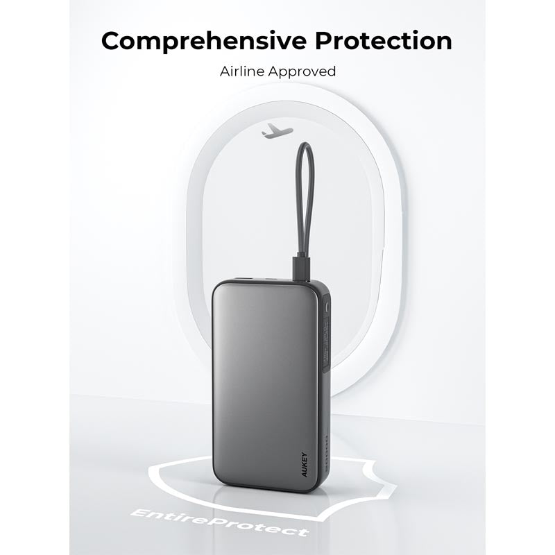 Aukey PB-Y48 Spark Sling 20,000mAh Compact Fast Charging Power Bank with Built-in USB-C Cable (Grey)