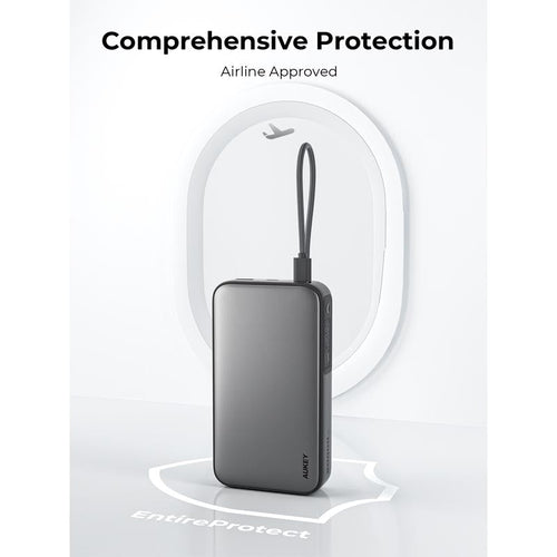 Aukey PB-Y48 Spark Sling 20,000mAh Compact Fast Charging Power Bank with Built-in USB-C Cable (Grey)