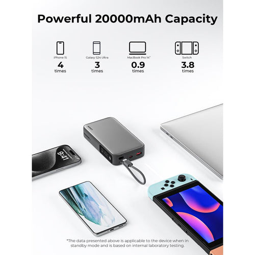 Aukey PB-Y48 Spark Sling 20,000mAh Compact Fast Charging Power Bank with Built-in USB-C Cable (Grey)