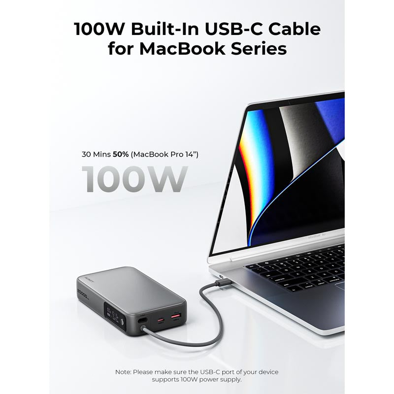Aukey PB-Y48 Spark Sling 20,000mAh Compact Fast Charging Power Bank with Built-in USB-C Cable (Grey)