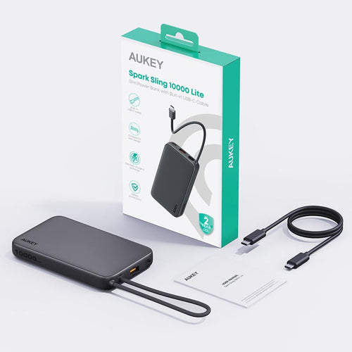 Aukey PB-Y53 Spark Sling 10K Lite Slim Power Bank with Build in C Cable (Gray)