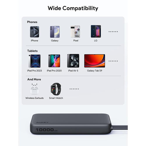Aukey PB-Y53 Spark Sling 10K Lite Slim Power Bank with Build in C Cable (Gray)