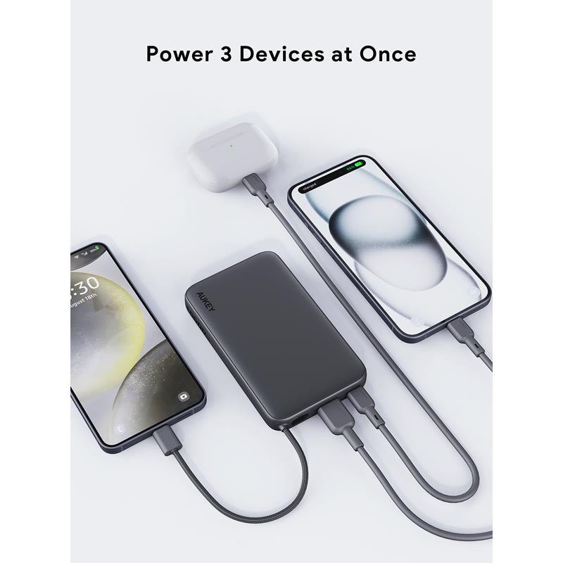 Aukey PB-Y53 Spark Sling 10K Lite Slim Power Bank with Build in C Cable (Gray)