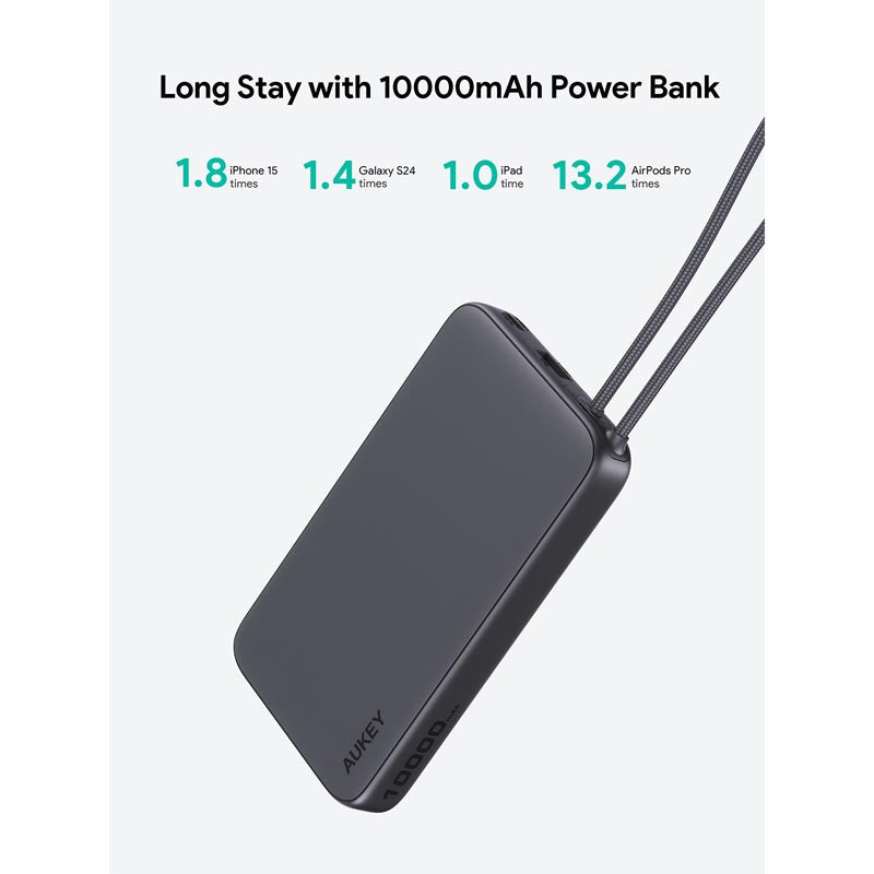 Aukey PB-Y53 Spark Sling 10K Lite Slim Power Bank with Build in C Cable (Gray)