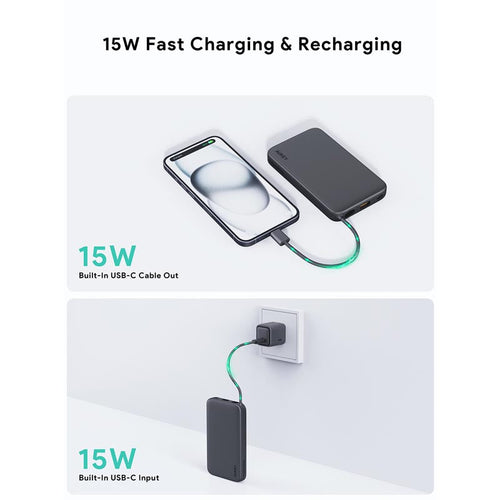 Aukey PB-Y53 Spark Sling 10K Lite Slim Power Bank with Build in C Cable (Gray)