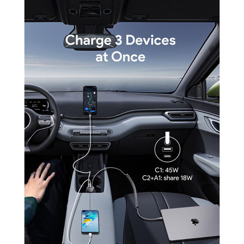 Aukey CC-P2 Pathfinder Sling 75W Fast Charging Car Charger with Built in C Cable (Dark Grey)