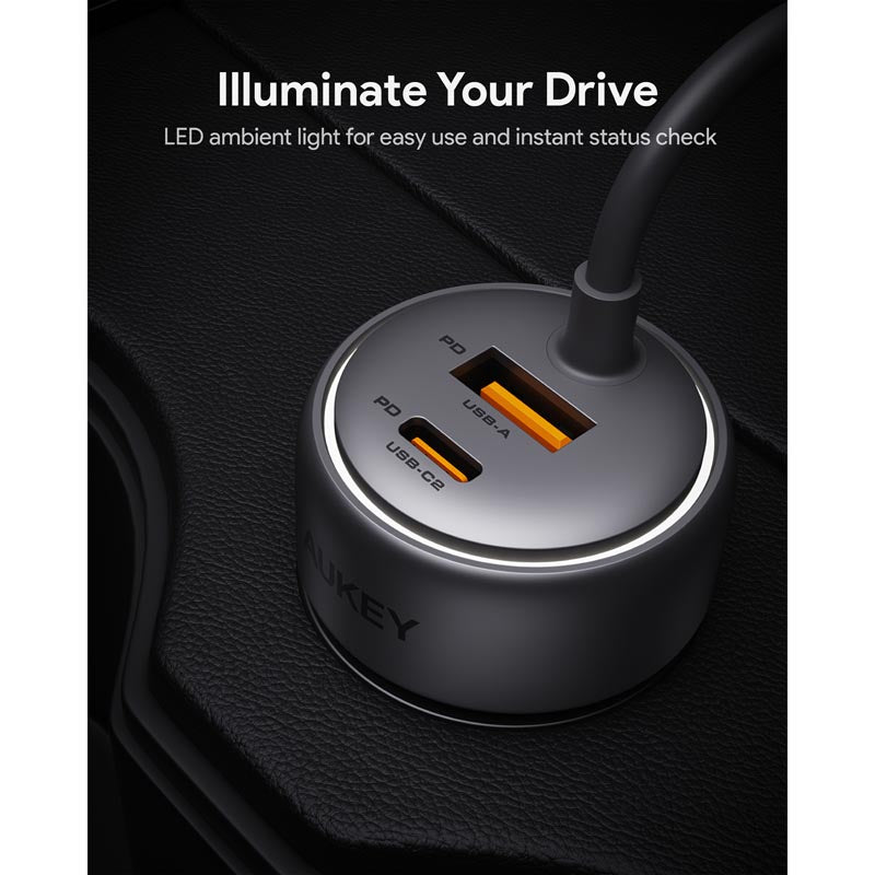 Aukey CC-P2 Pathfinder Sling 75W Fast Charging Car Charger with Built in C Cable (Dark Grey)