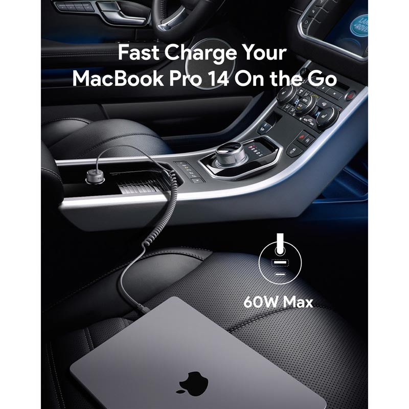 Aukey CC-P2 Pathfinder Sling 75W Fast Charging Car Charger with Built in C Cable (Dark Grey)