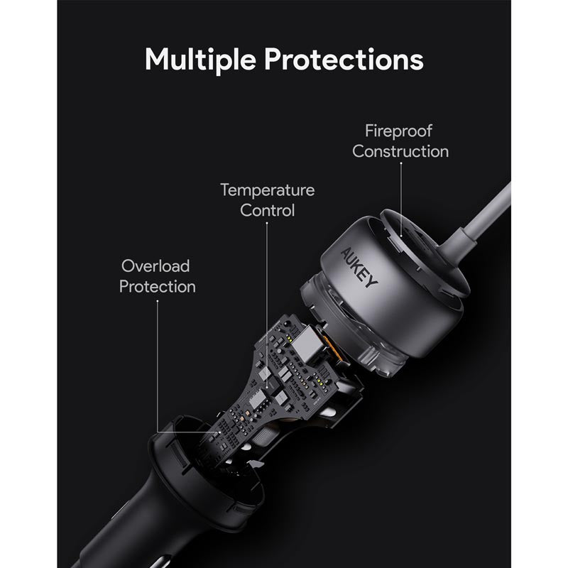 Aukey CC-P2 Pathfinder Sling 75W Fast Charging Car Charger with Built in C Cable (Dark Grey)