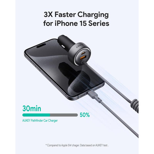 Aukey CC-P2 Pathfinder Sling 75W Fast Charging Car Charger with Built in C Cable (Dark Grey)
