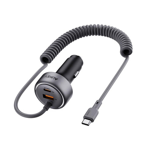Aukey CC-P2 Pathfinder Sling 75W Fast Charging Car Charger with Built in C Cable (Dark Grey)