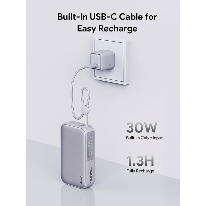 Aukey PB-Y47 Spark Sling 10000mAh Compact Fast Charging PB with Built-in USB-C Cable - White