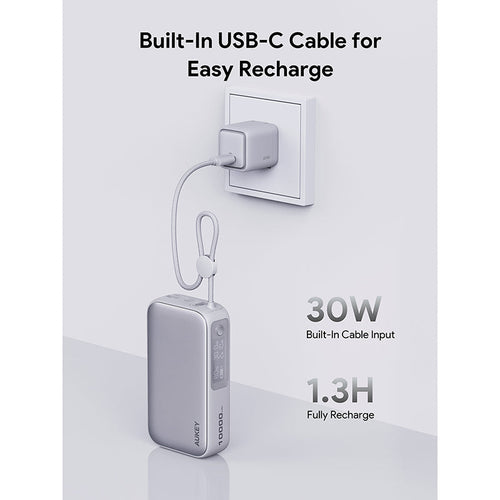 Aukey PB-Y47 Spark Sling 10000mAh Compact Fast Charging PB with Built-in USB-C Cable - White