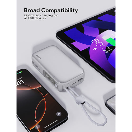 Aukey PB-Y47 Spark Sling 10000mAh Compact Fast Charging PB with Built-in USB-C Cable - White