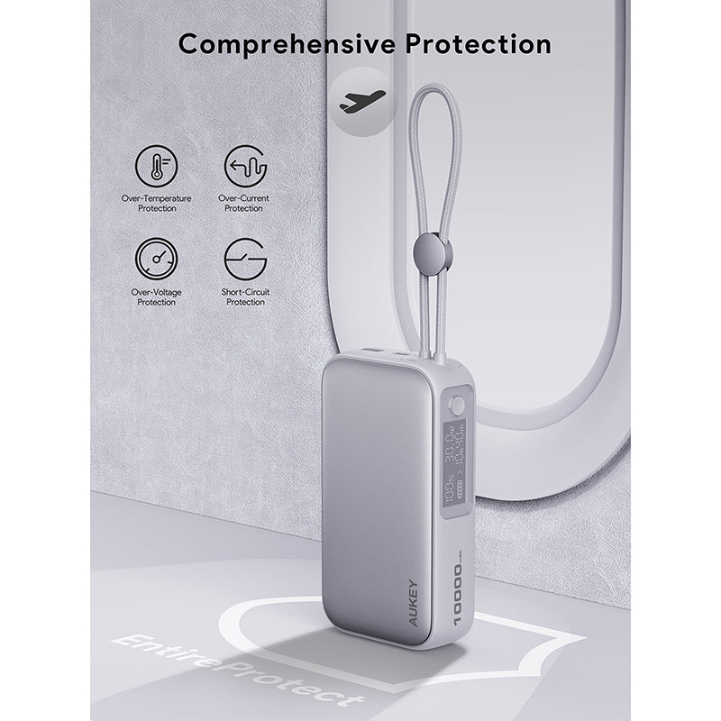 Aukey PB-Y47 Spark Sling 10000mAh Compact Fast Charging PB with Built-in USB-C Cable - White