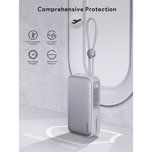 Aukey PB-Y47 Spark Sling 10000mAh Compact Fast Charging PB with Built-in USB-C Cable - White