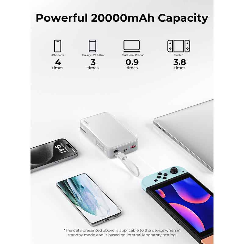 Aukey PB-Y48 Spark Sling 20,000mAh Compact Fast Charging Power Bank with Built-in USB-C Cable (White)