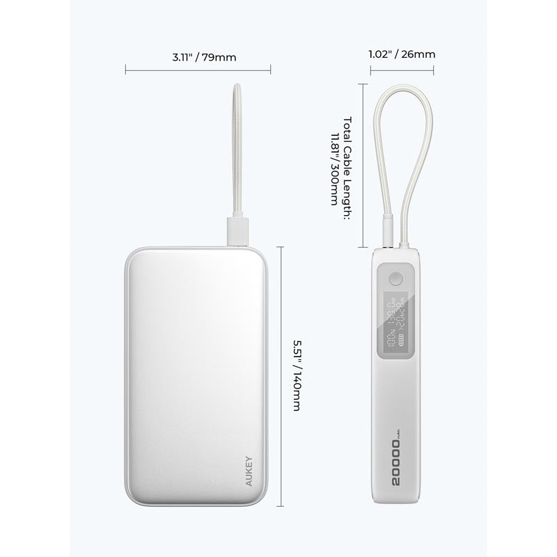 Aukey PB-Y48 Spark Sling 20,000mAh Compact Fast Charging Power Bank with Built-in USB-C Cable (White)