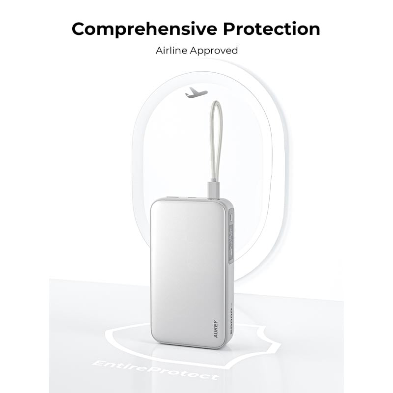 Aukey PB-Y48 Spark Sling 20,000mAh Compact Fast Charging Power Bank with Built-in USB-C Cable (White)