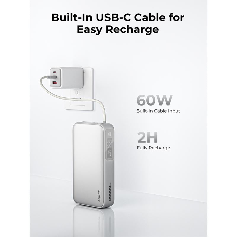 Aukey PB-Y48 Spark Sling 20,000mAh Compact Fast Charging Power Bank with Built-in USB-C Cable (White)