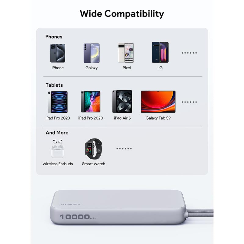 Aukey PB-Y53 Spark Sling 10K Lite Slim Power Bank with Build in C Cable (White)